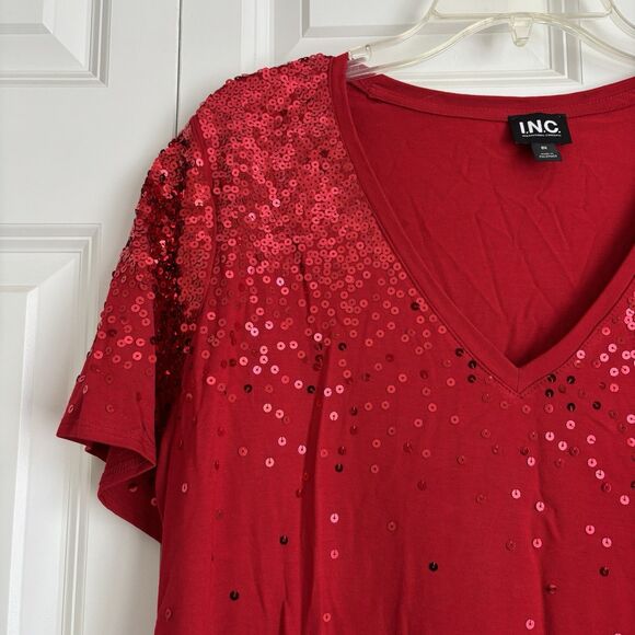 INC INTERNATIONAL CONCEPTS WOMEN'S TOPS RED SEQUIN V-NECK SHORT SLEEVE PULL ON - Picture 5 of 6